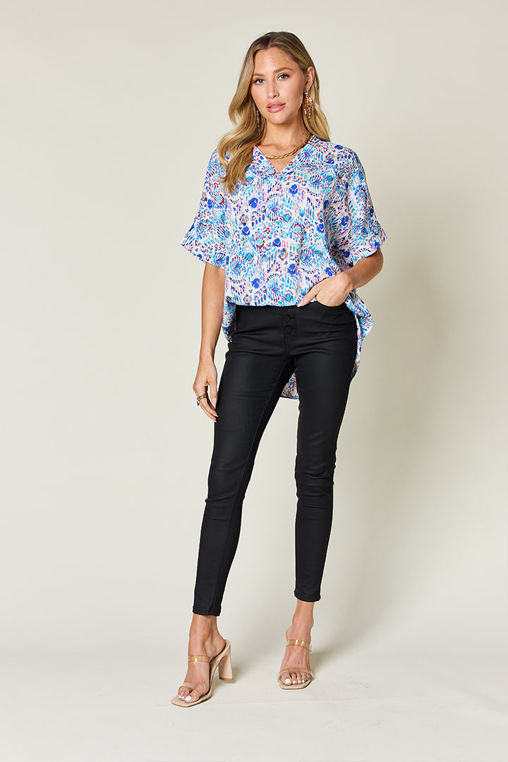 Double Take Full Size Printed V-Neck Short Sleeve Blouse Double Take Full Size Printed V-Neck Short Sleeve Blouse